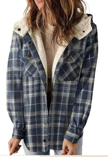 Casual Plaid Hooded Woolen Coat Thickened Fleece