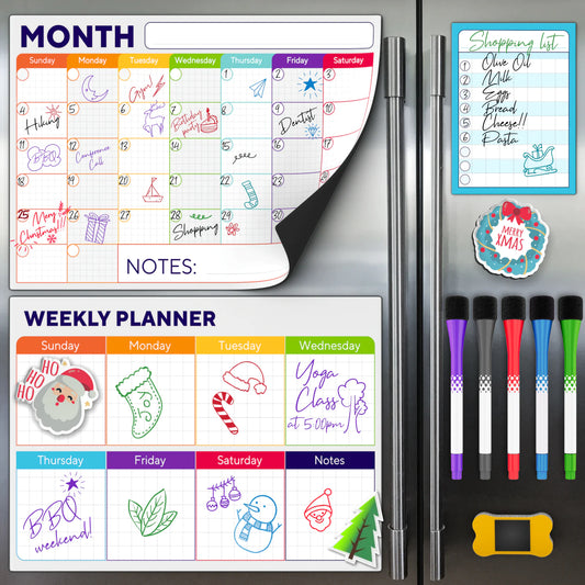 Beautiful Dry Erase Calendar Set of 3 - Magnetic Calendar for Refrigerator w/ Monthly, Weekly Planner & Daily Notepad - Whiteboard Fridge Planning Board - w/ Bonus 5 Premium Markers and Eraser